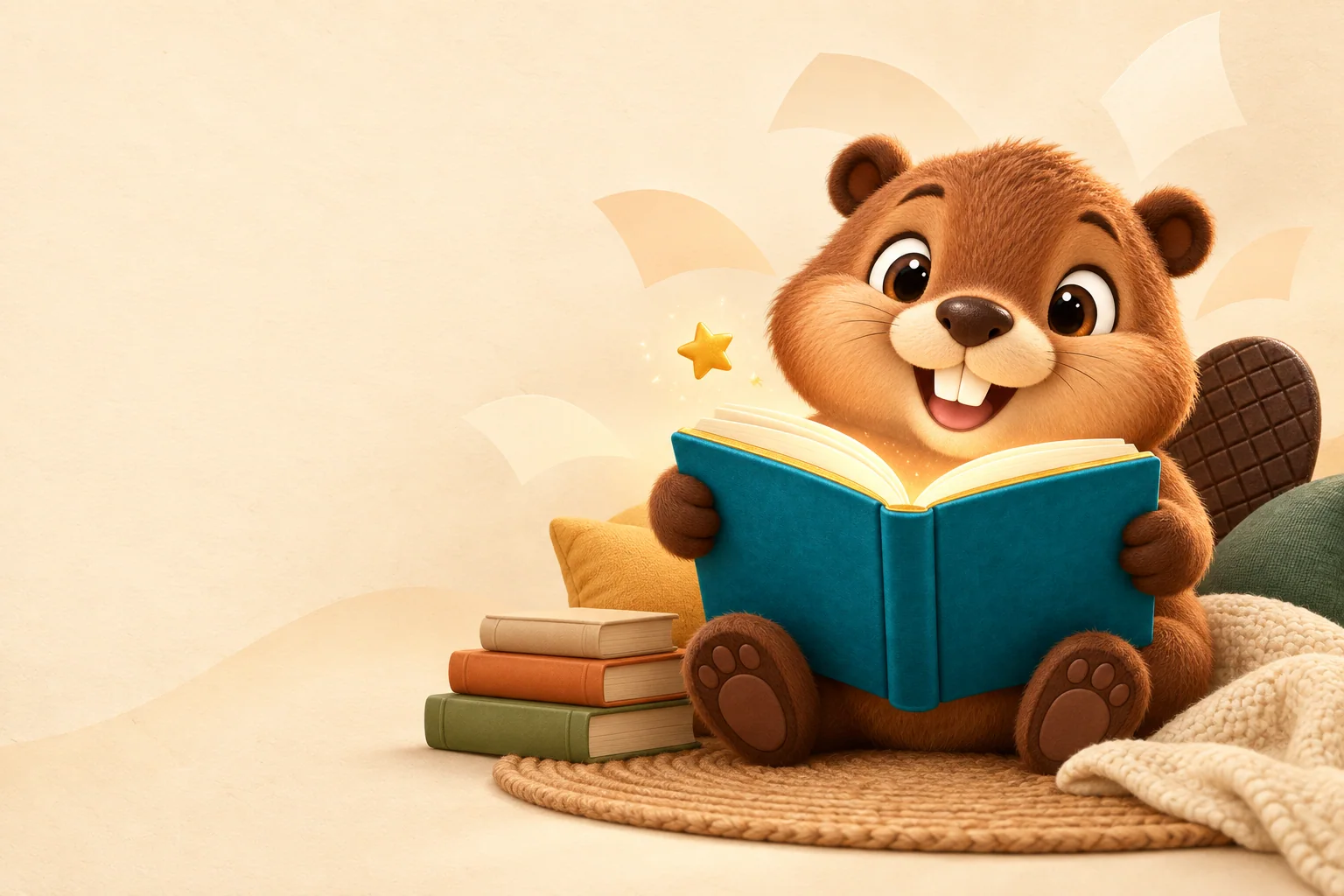 Story Beaver reading a teal book in a cozy reading nook